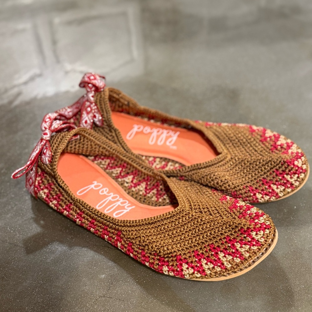 Women's Brown and Pink Crochet Slip-On